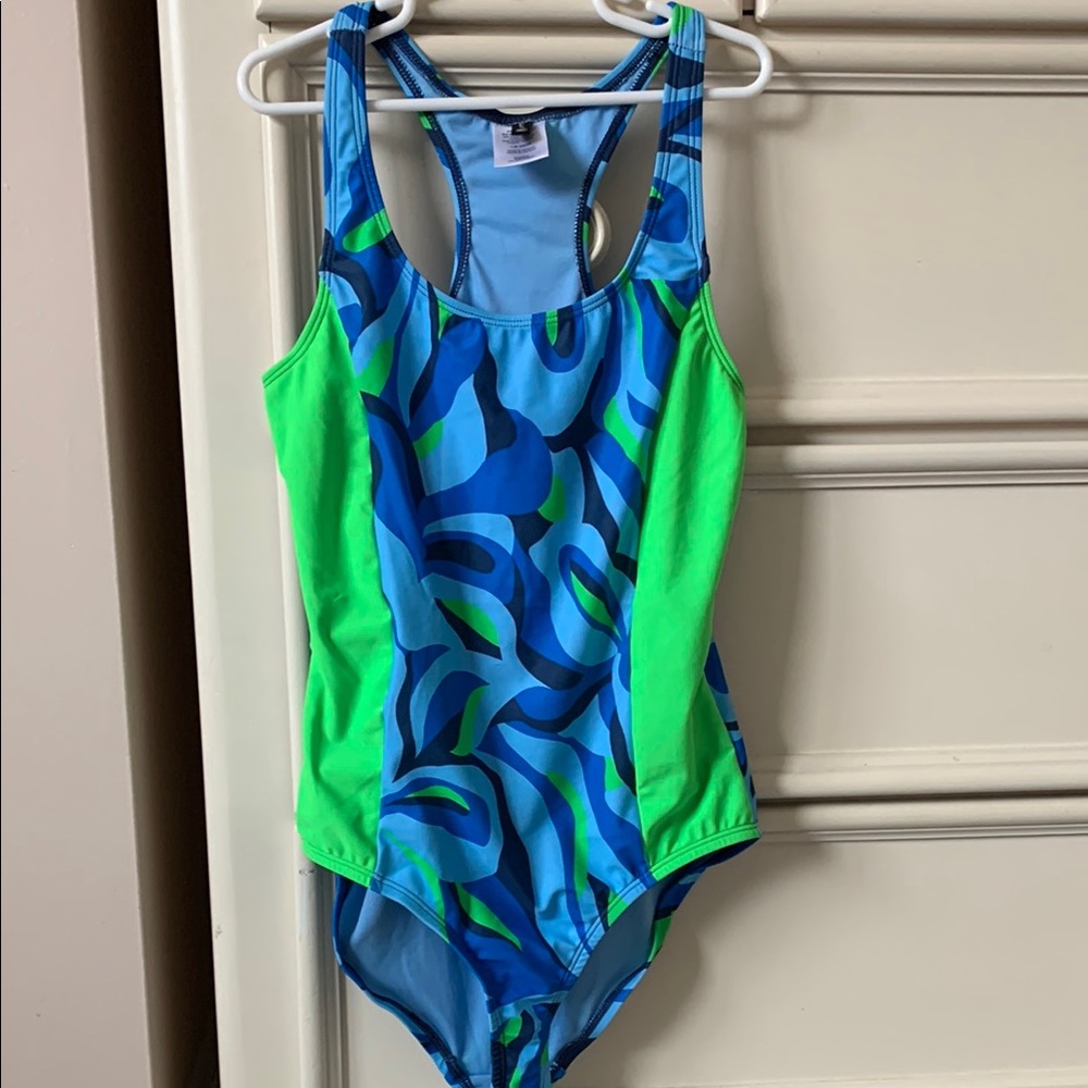 Spyder One Piece Swimsuit Blue and Green with Tropical Leaf Pattern MWOT 12/14 l